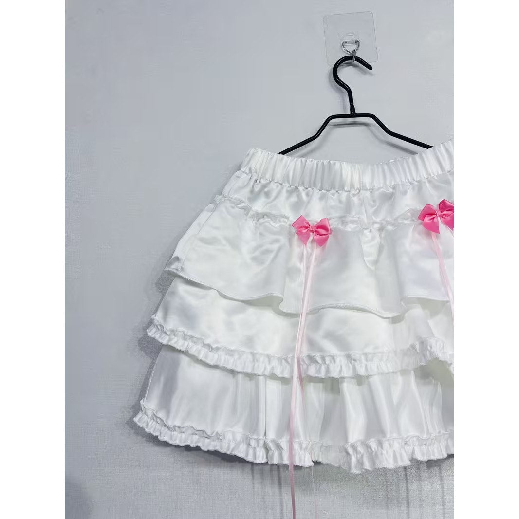 Korean K-pop Y2K White Satin Petticoat Style Layered Skirt w/ Pink Bows