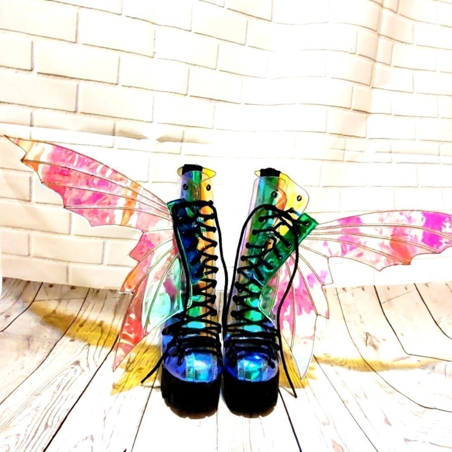 Club Exx Butterfly Fairy Wings Holo Irredescient Platform Boots