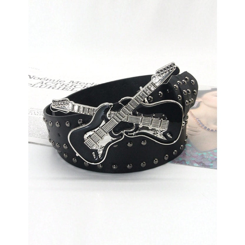 Black Guitar Buckle Studded Belt Punk Rock Gothic Y2K Streetwear Waist Belt