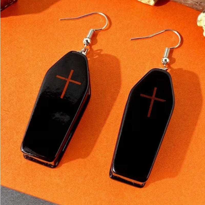 Black Coffin Cross Dangle Earrings Gothic Halloween Drop Jewelry