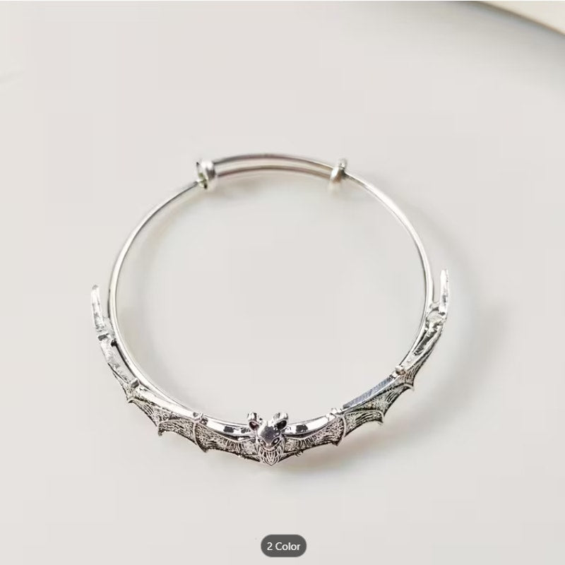 Gothic Silver Bat Bracelet – Adjustable Open Cuff Bangle, Vintage Bat Wing