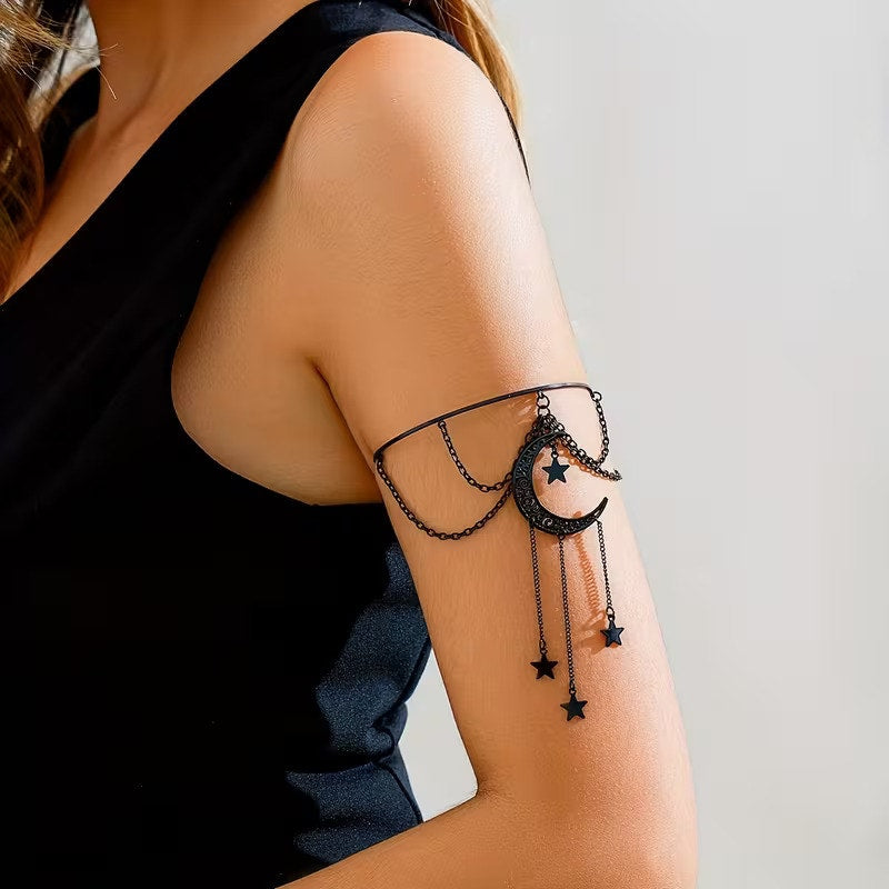 Goth Celestial Crescent Moon Black Dangling Chain Single Armlet Bracelet