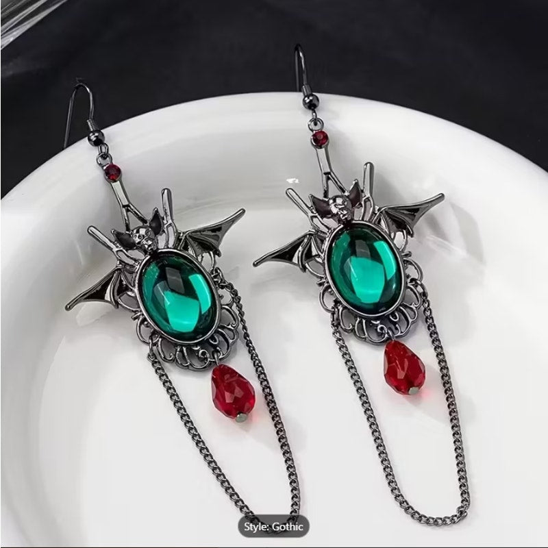 Gothic Bat Dangle Earrings Green Gem Red Drop Chain Halloween Vampire Jewelry