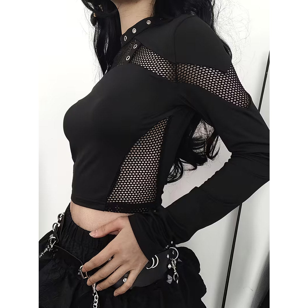 Gothic, Goth Emo Punk Rave Black Rivet Fishnet Mesh Long Sleeve Crop Top