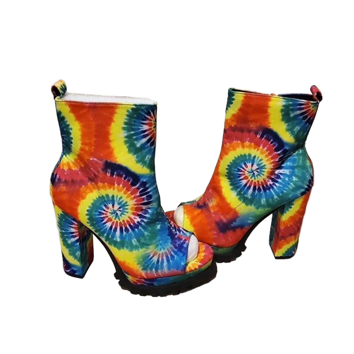 70s Downtown Dive Peep Toe Heels Rainbow Tie Dye Shoes