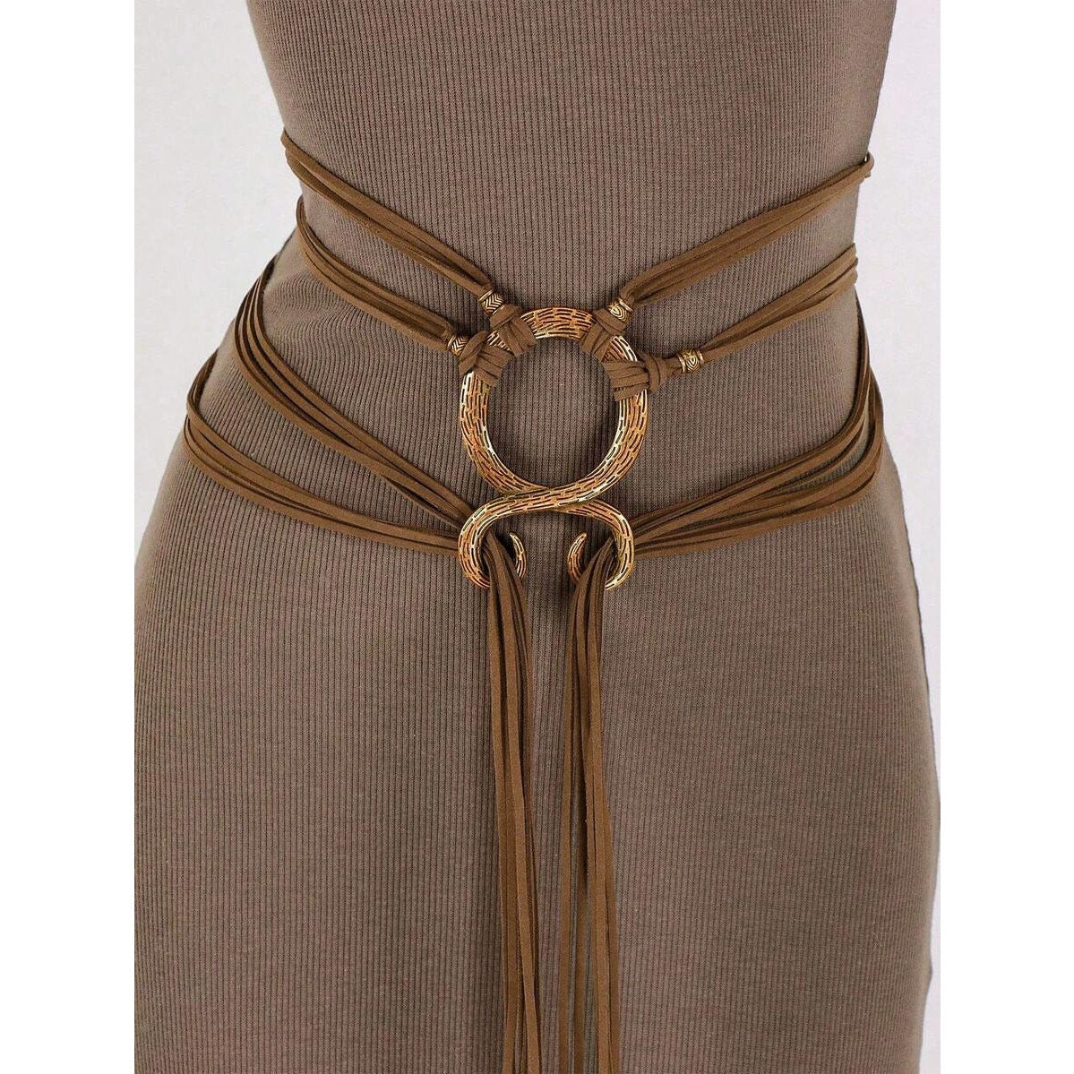 Boho Chic Multi-Strap Waist Fashion Wrap Belt w/ Gold Ring Accents
