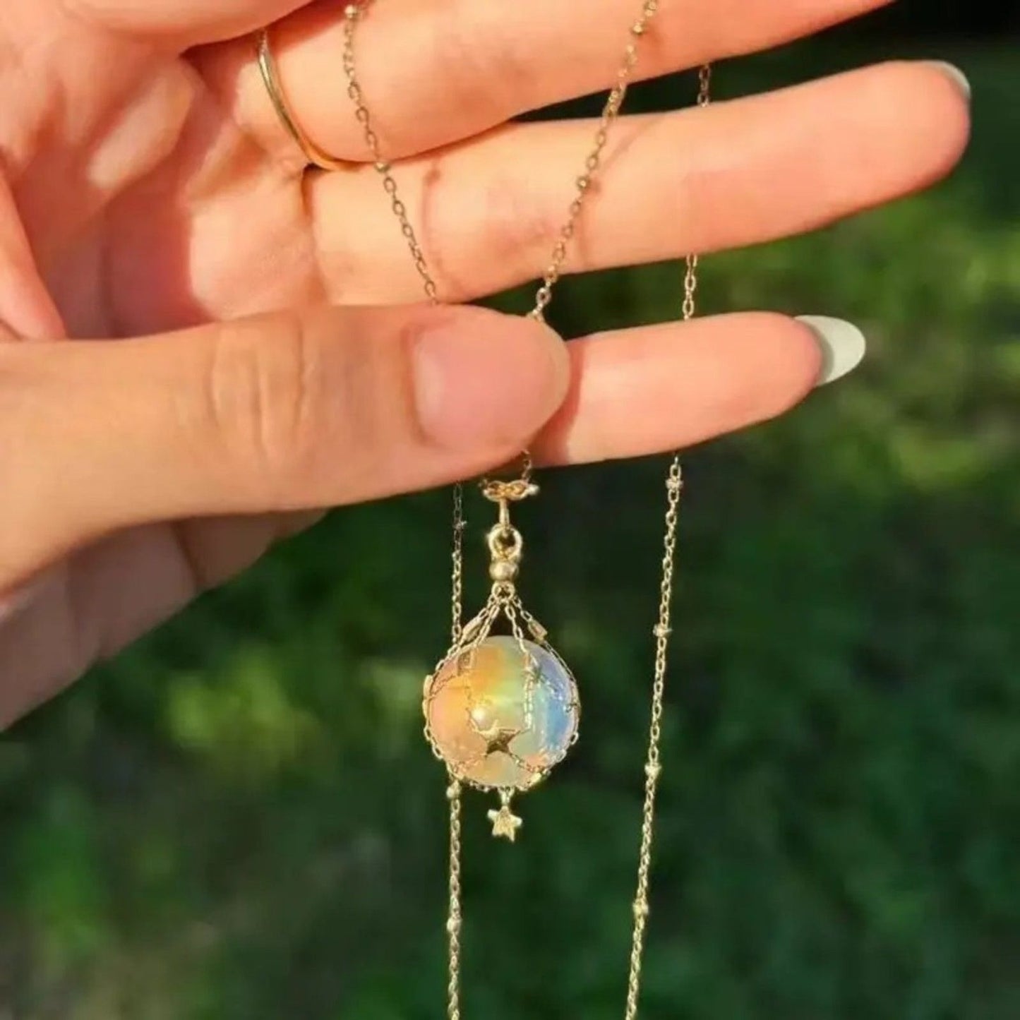 Galaxy Opal Orb Pendant Necklace – Gold Celestial Chain with Star Accents