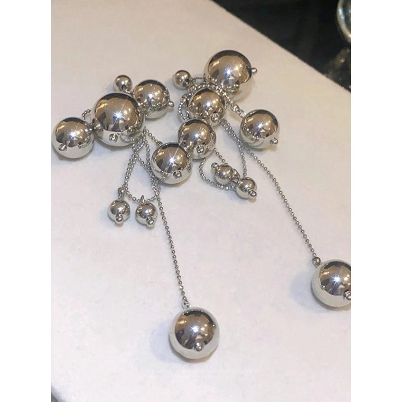 Silver Tone Statement Drop Earrings – Multi Ball Chain Dangle Earrings
