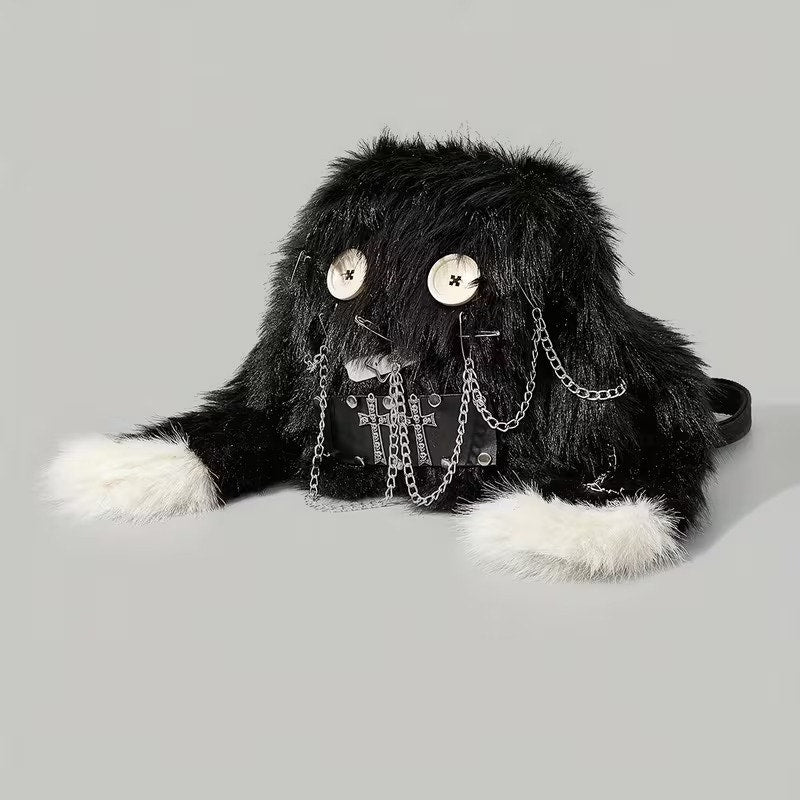 Goth Emo Punk Alt Black Fuzzy Rabbit Mini Backpack Crossbody Convertible Purse