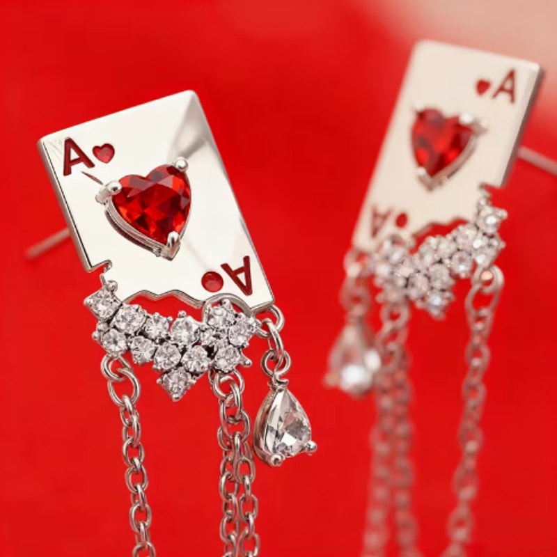 Ace of Hearts Earrings Red Crystal Chain Dangle Playing Card Jewelry Statement