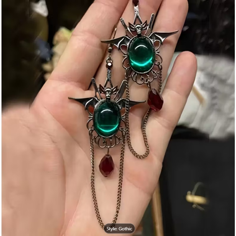 Gothic Bat Dangle Earrings Green Gem Red Drop Chain Halloween Vampire Jewelry