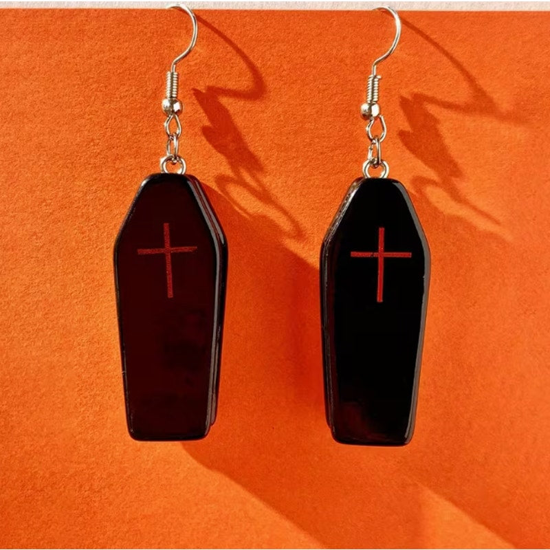 Black Coffin Cross Dangle Earrings Gothic Halloween Drop Jewelry