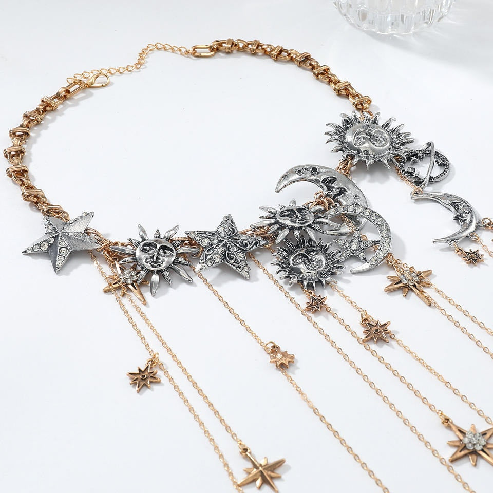 Mystic Celestial Sun Moon Star Gold/Silver Tone Large Statement Necklace