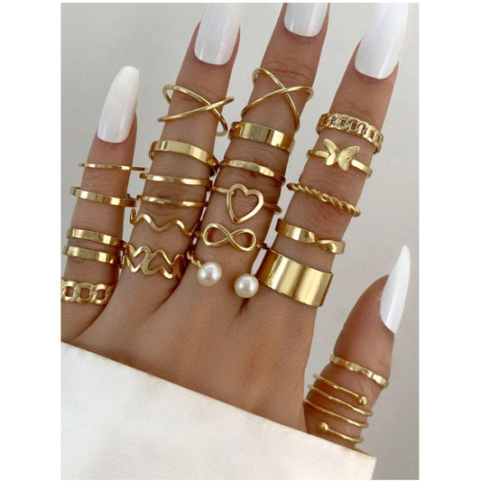 24-Piece Gold Stacking Ring Set – Mixed Sizes & Styles with Heart,Pearl,Infinity