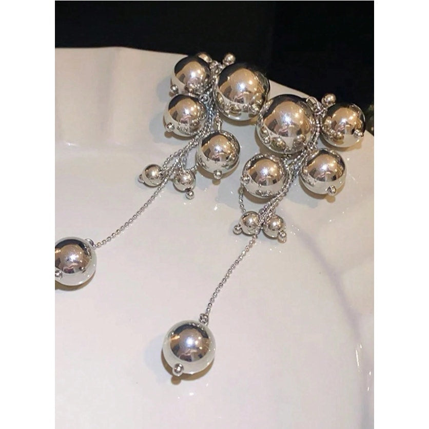 Silver Tone Statement Drop Earrings – Multi Ball Chain Dangle Earrings