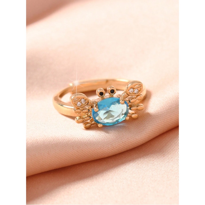Gold Crab Ring with Blue Oval Gemstone–Adjustable Animal Design Crystal Accents