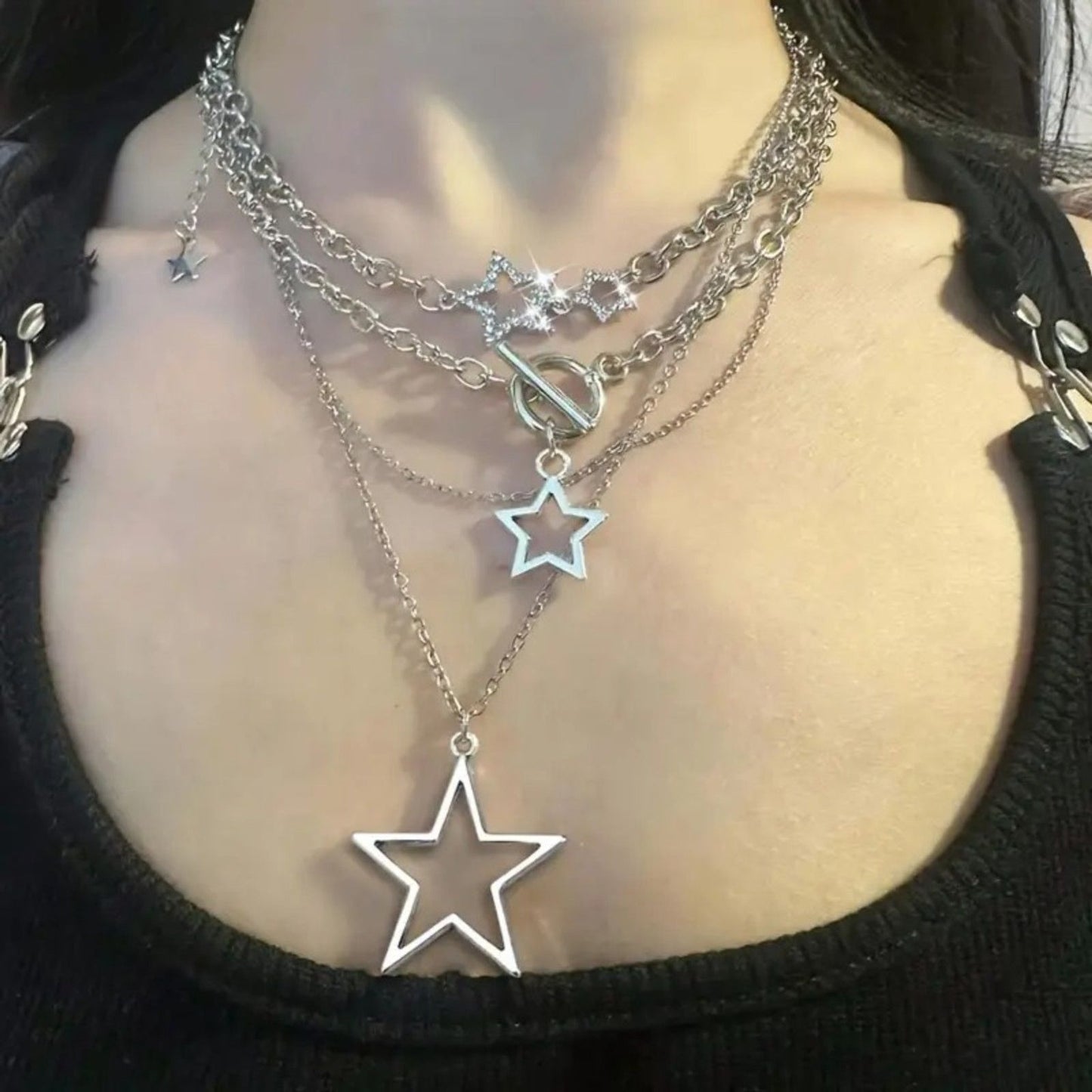 Layered Star Necklace Set – Silver Multi-Strand Chain Choker with Hollow Star