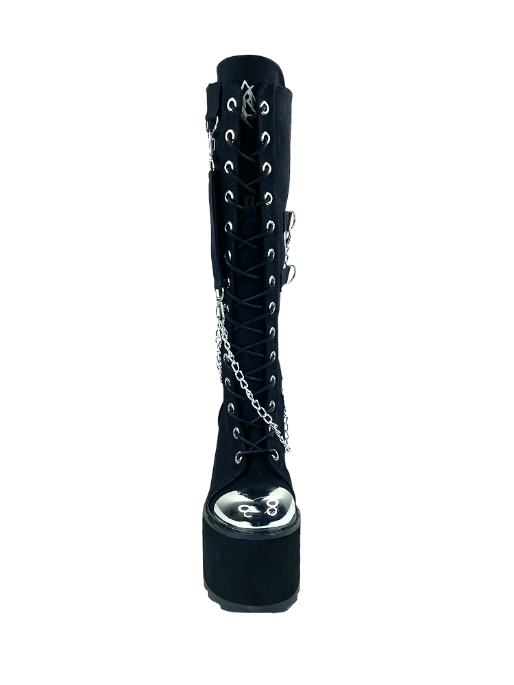 YRU Goth Emo Punk Knee High Detention Bondage Platform Boots - Black/Silver