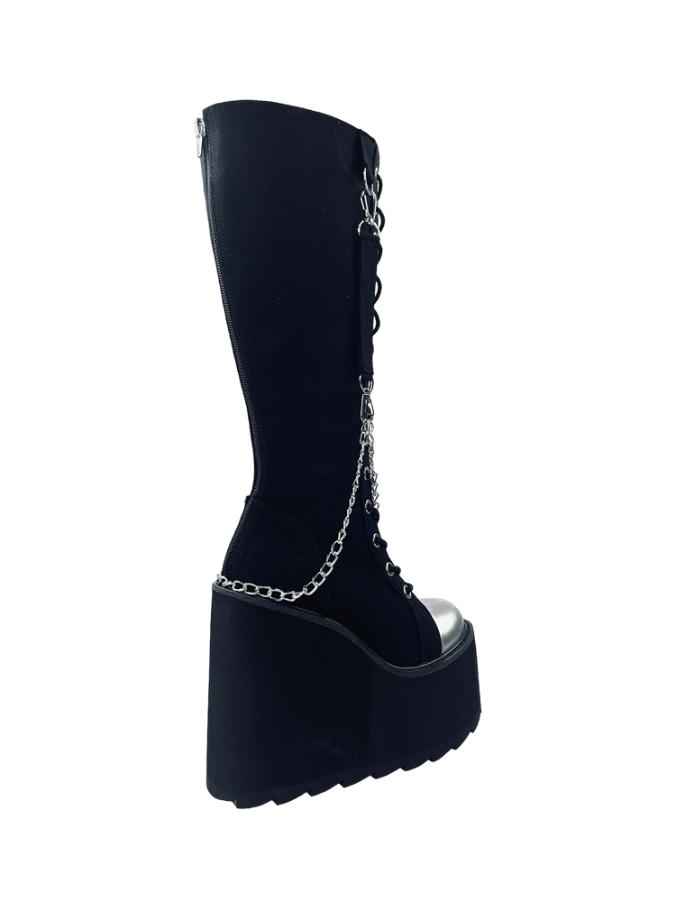 YRU Goth Emo Punk Knee High Detention Bondage Platform Boots - Black/Silver