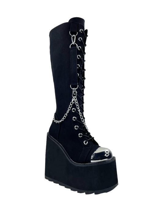 YRU Goth Emo Punk Knee High Detention Bondage Platform Boots - Black/Silver