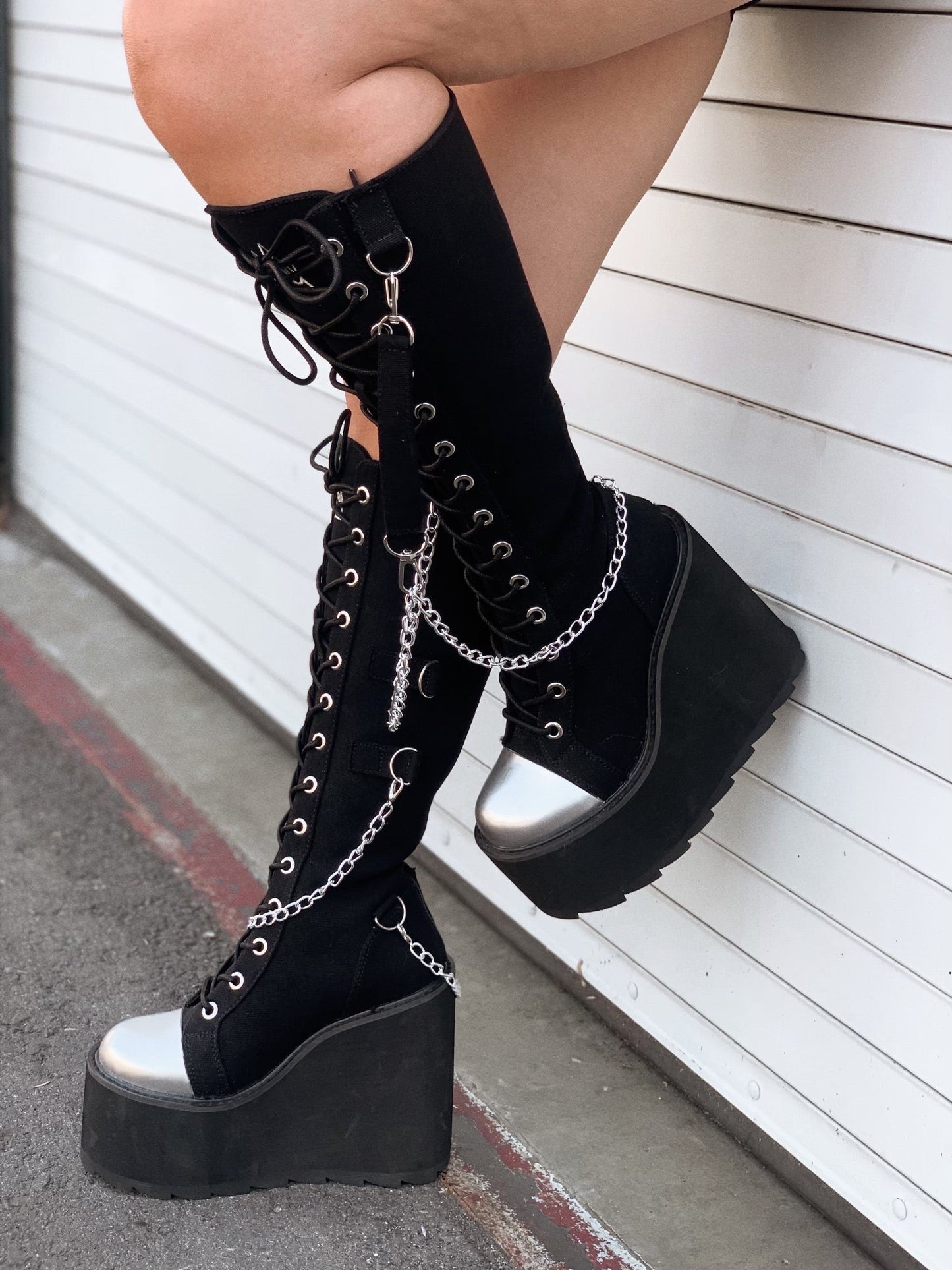 YRU Goth Emo Punk Knee High Detention Bondage Platform Boots - Black/Silver