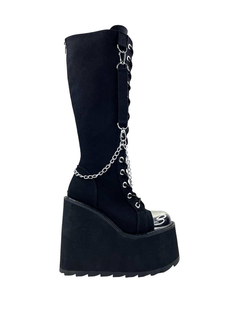 YRU Goth Emo Punk Knee High Detention Bondage Platform Boots - Black/Silver