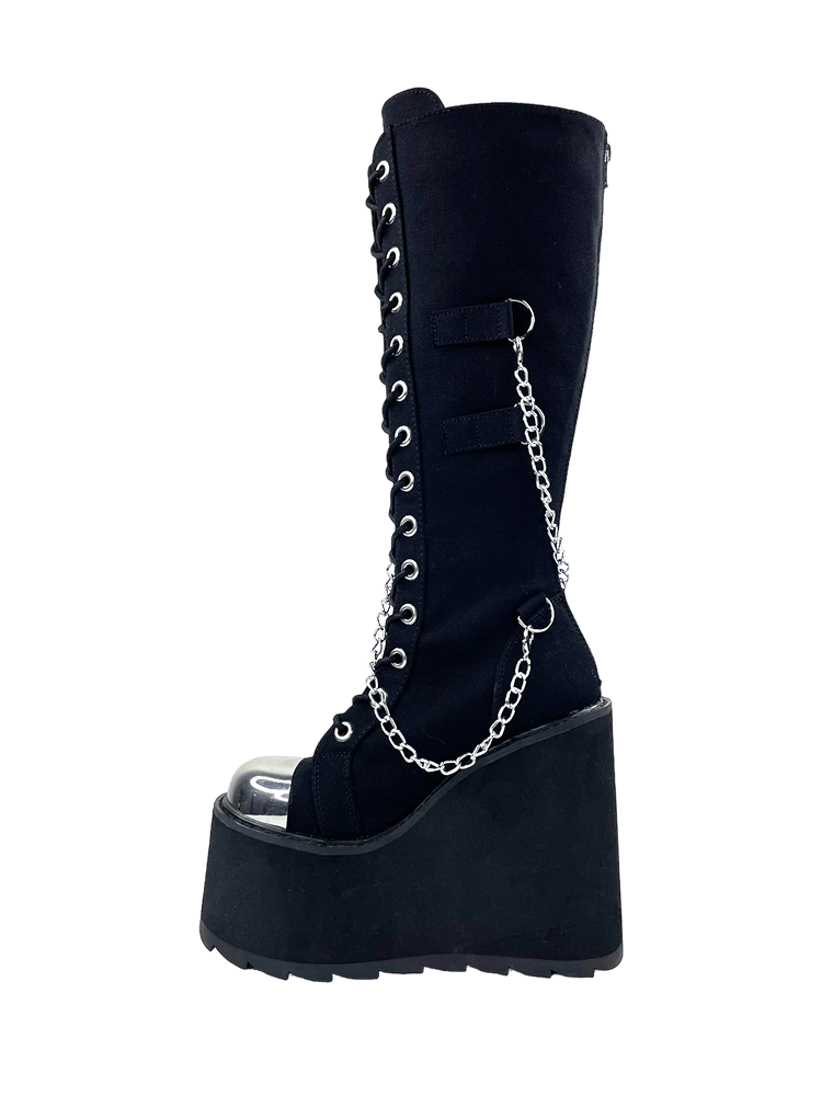 YRU Goth Emo Punk Knee High Detention Bondage Platform Boots - Black/Silver