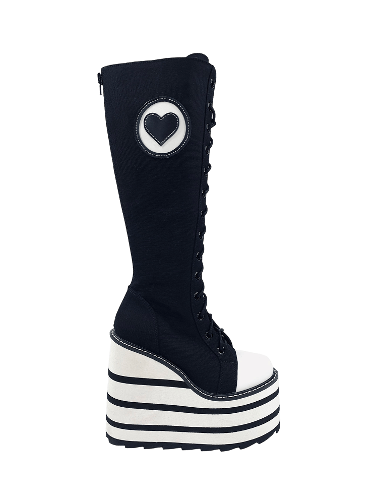 YRU Goth Emo Punk Knee High Detention Canvas Platform Boots - Black/White