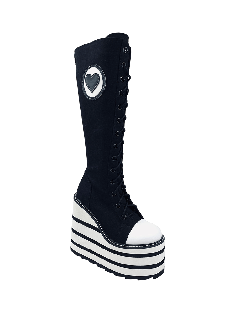 YRU Goth Emo Punk Knee High Detention Canvas Platform Boots - Black/White