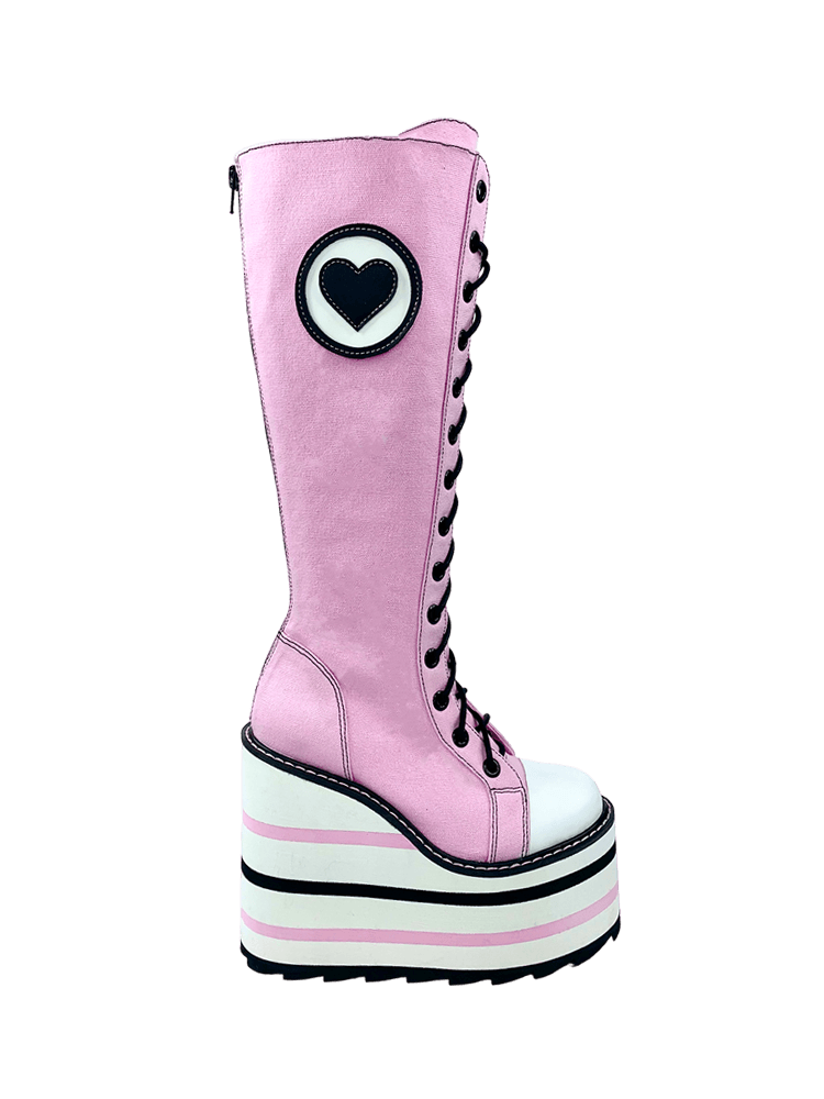 YRU Emo Punk Sweet Pink Knee High Detention Canvas Platform Boots - Pink/Black