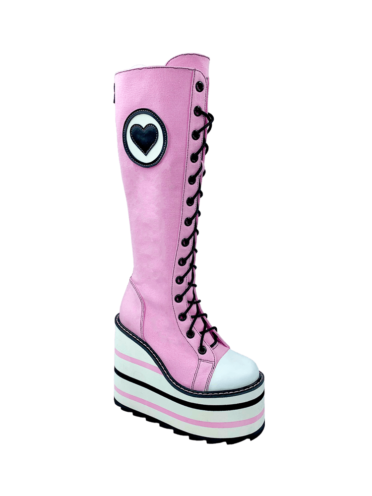 YRU Emo Punk Sweet Pink Knee High Detention Canvas Platform Boots - Pink/Black