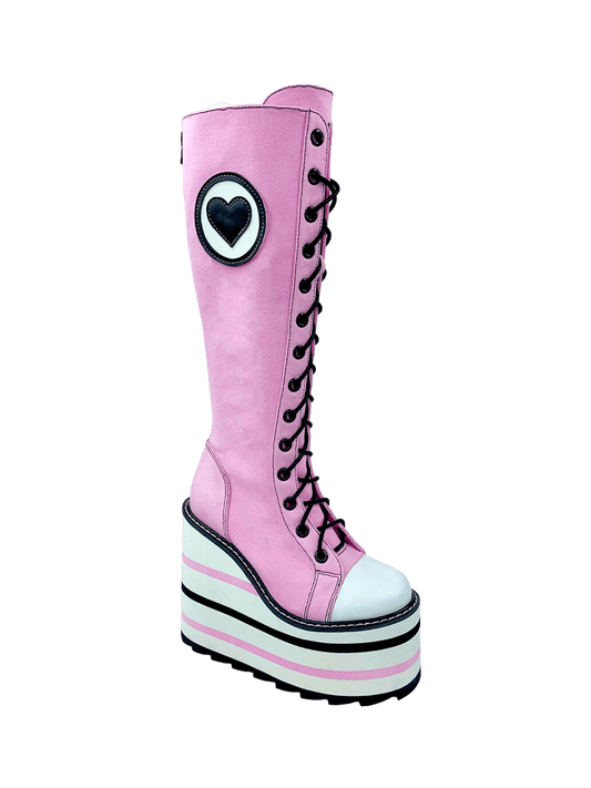 YRU Emo Punk Sweet Pink Knee High Detention Canvas Platform Boots - Pink/Black