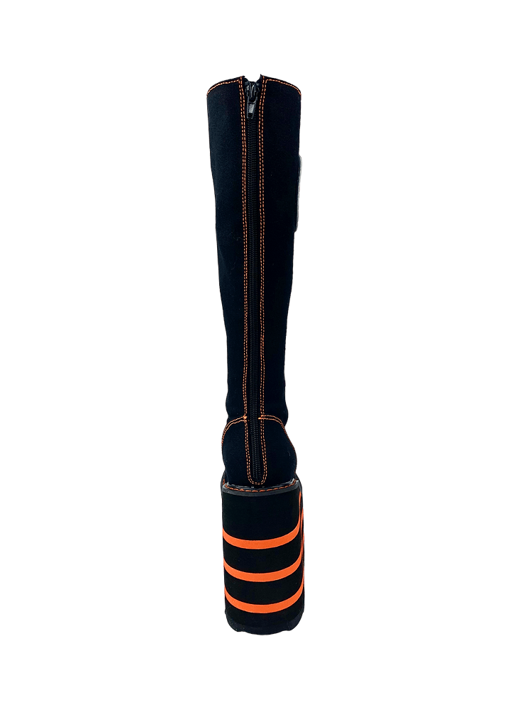 YRU Goth Emo Punk Jack-O-Lantern Pumpkin Knee High Detention Canvas Platform Boots - Black/Orange