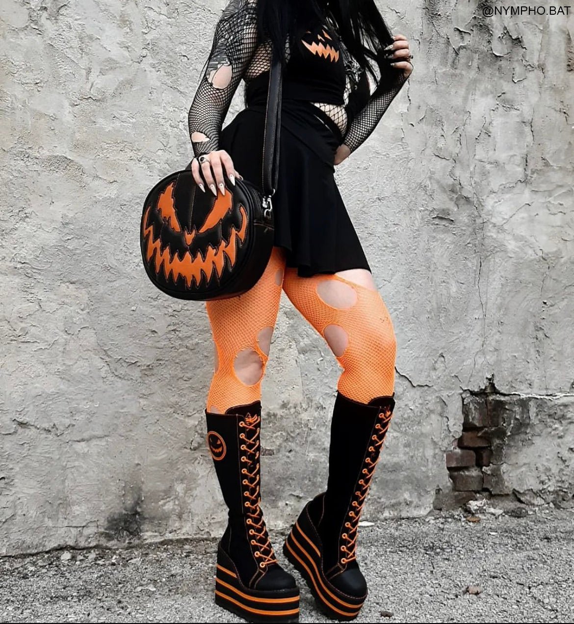 YRU Goth Emo Punk Jack-O-Lantern Pumpkin Knee High Detention Canvas Platform Boots - Black/Orange