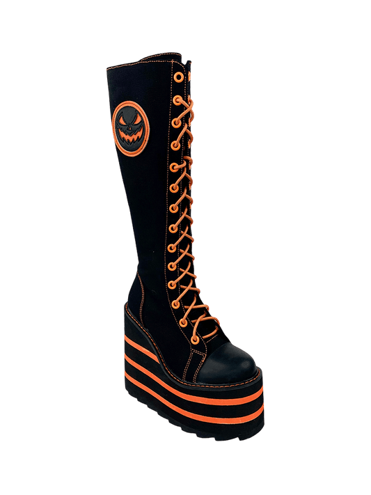 YRU Goth Emo Punk Jack-O-Lantern Pumpkin Knee High Detention Canvas Platform Boots - Black/Orange