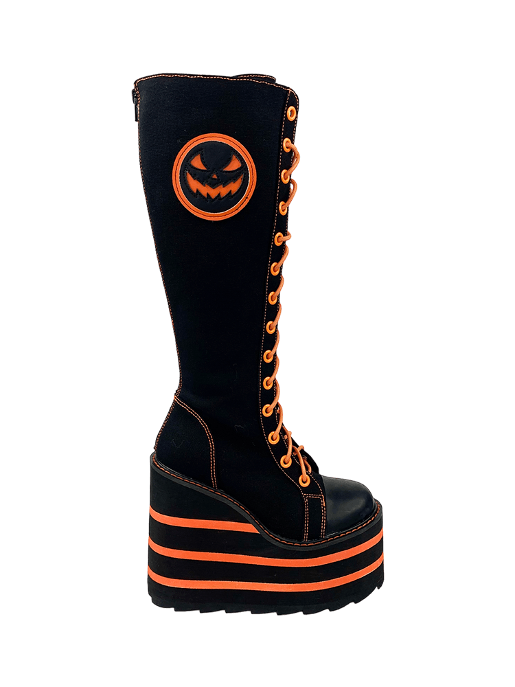 YRU Goth Emo Punk Jack-O-Lantern Pumpkin Knee High Detention Canvas Platform Boots - Black/Orange