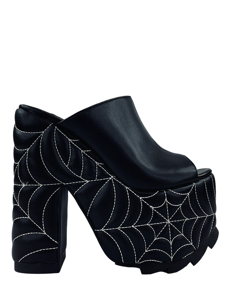 YRU Goth Emo Spooky Spider Web Platform Sandals - Black/White