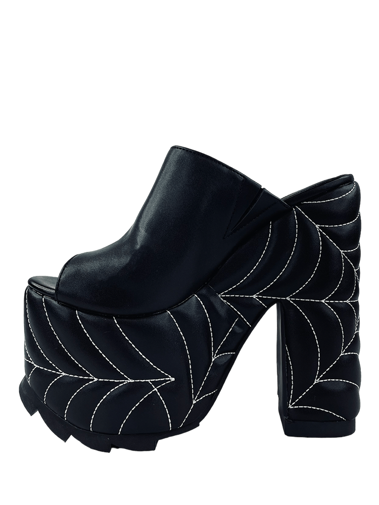 YRU Goth Emo Spooky Spider Web Platform Sandals - Black/White