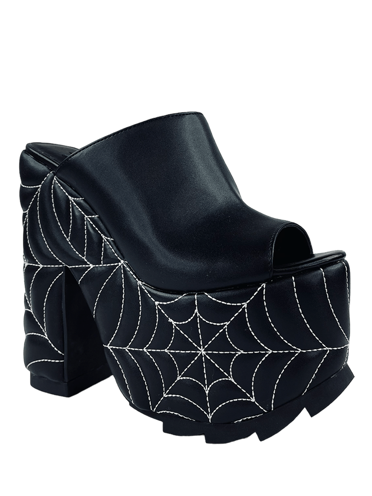 YRU Goth Emo Spooky Spider Web Platform Sandals - Black/White