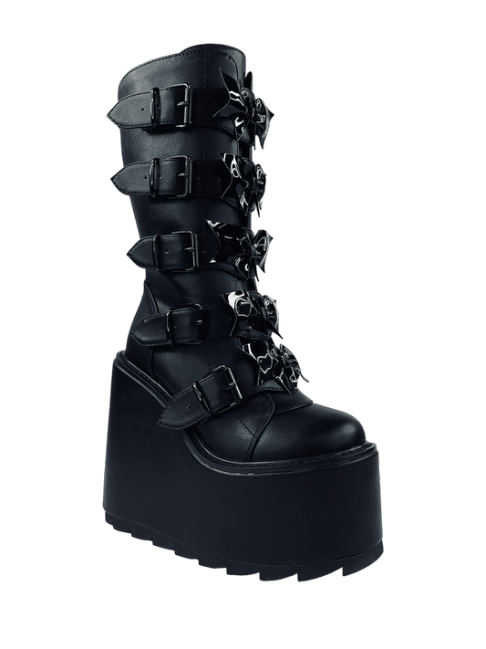 YRU Goth Emo Black Punk Cyber Stomper Dune Black Bow Platform Boots - Blackout