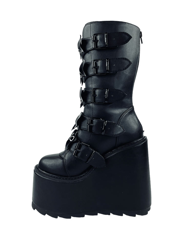 YRU Goth Emo Black Punk Cyber Stomper Dune Black Bow Platform Boots - Blackout