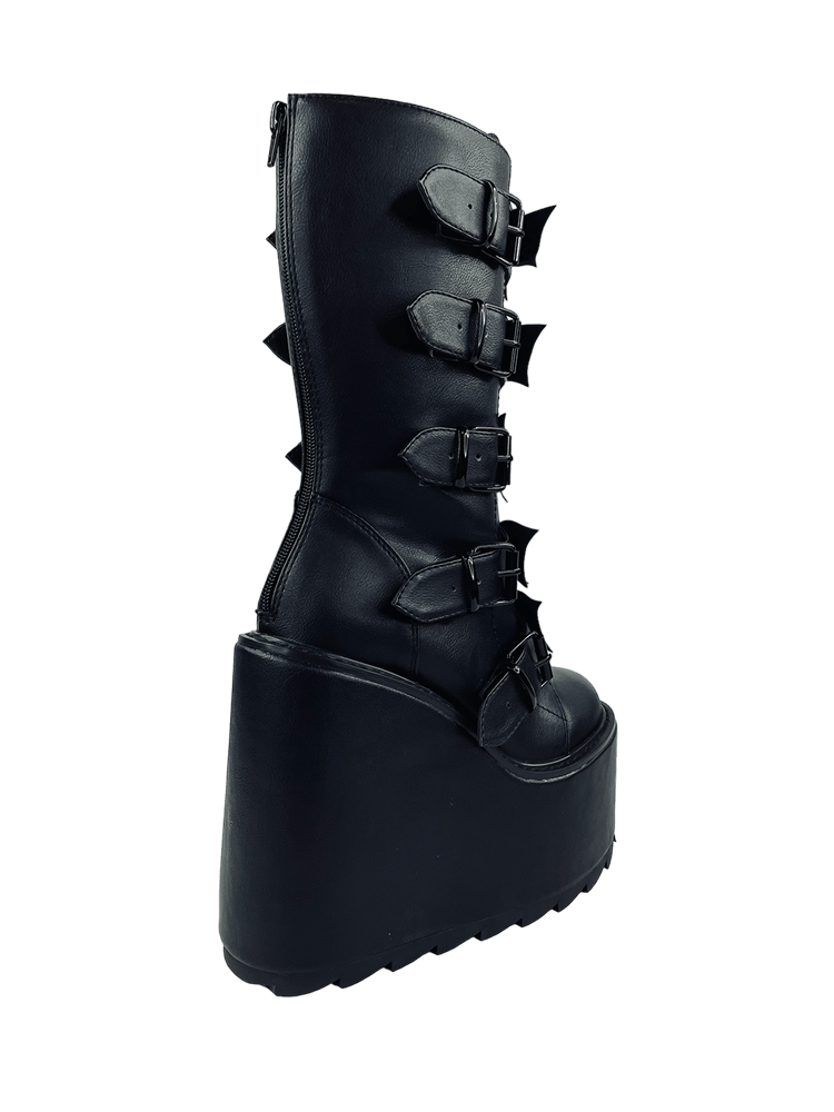 YRU Goth Emo Black Punk Cyber Stomper Dune Black Bow Platform Boots - Blackout