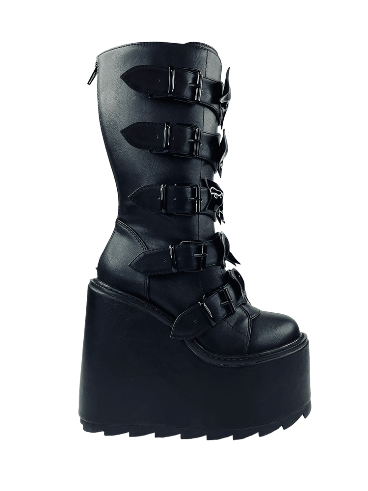 YRU Goth Emo Black Punk Cyber Stomper Dune Black Bow Platform Boots - Blackout