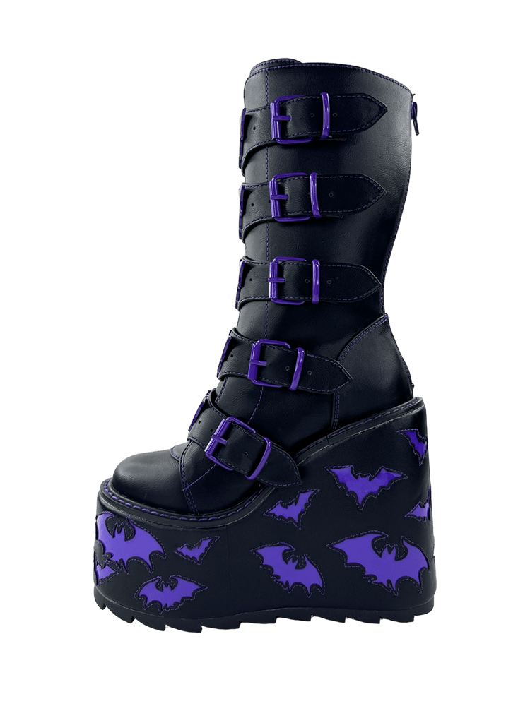 YRU x Vampire Freaks Goth Emo Punk Rave Bat Purple Stomper Dune Bat Platform Boots - Black/Purple