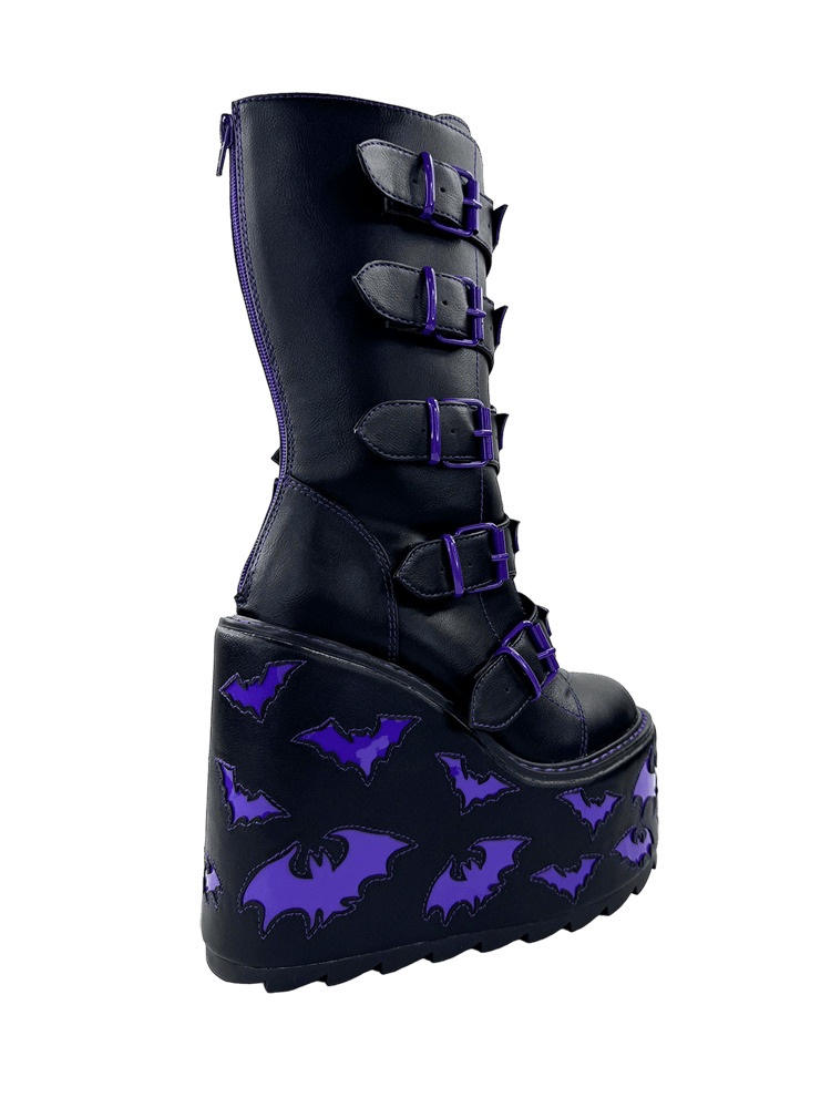 YRU x Vampire Freaks Goth Emo Punk Rave Bat Purple Stomper Dune Bat Platform Boots - Black/Purple