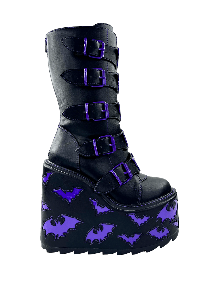 YRU x Vampire Freaks Goth Emo Punk Rave Bat Purple Stomper Dune Bat Platform Boots - Black/Purple