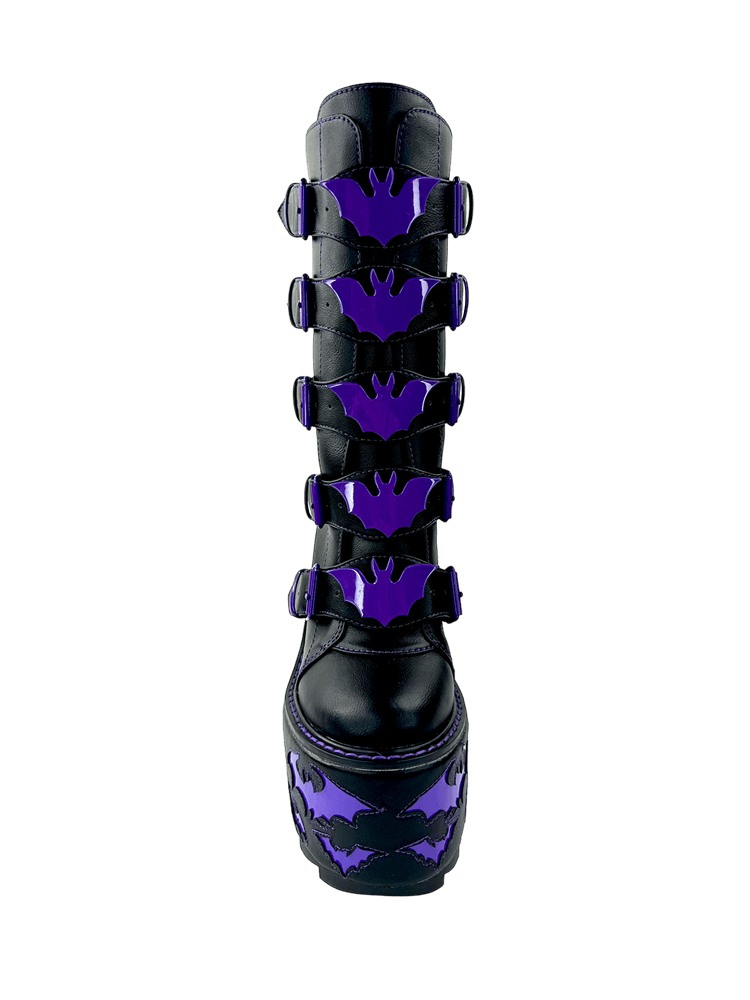 YRU x Vampire Freaks Goth Emo Punk Rave Bat Purple Stomper Dune Bat Platform Boots - Black/Purple