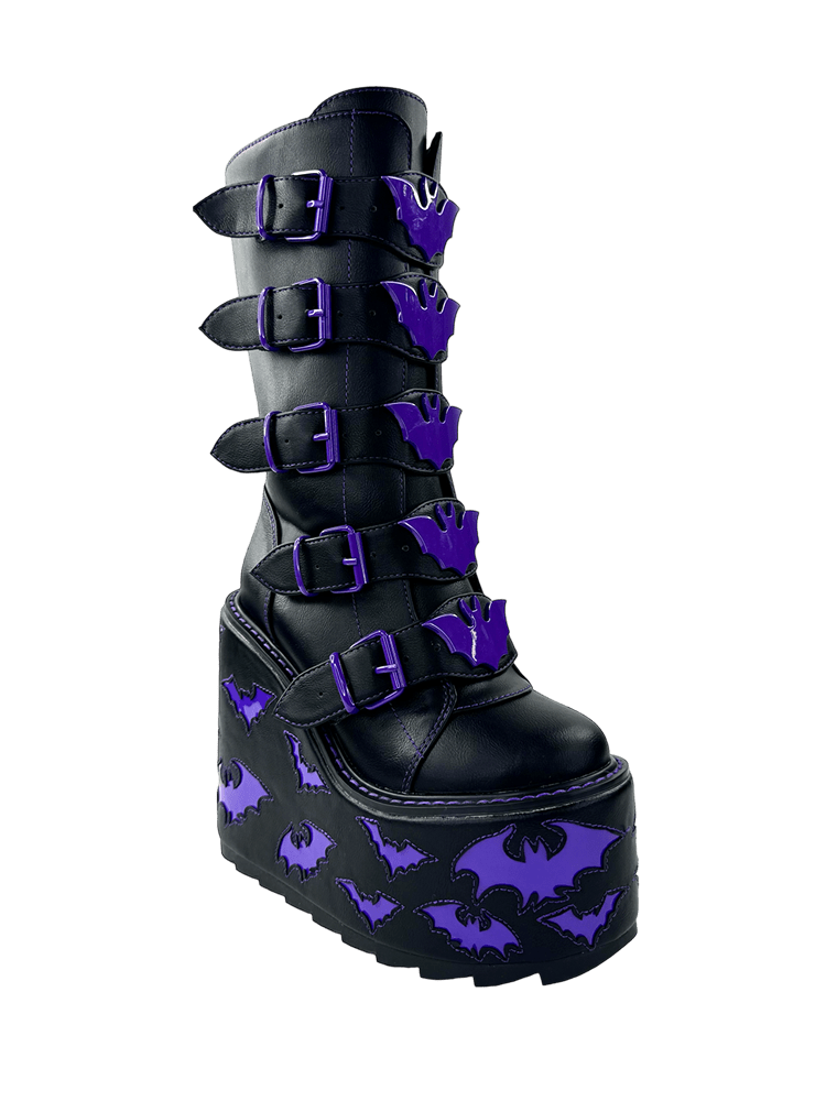 YRU x Vampire Freaks Goth Emo Punk Rave Bat Purple Stomper Dune Bat Platform Boots - Black/Purple