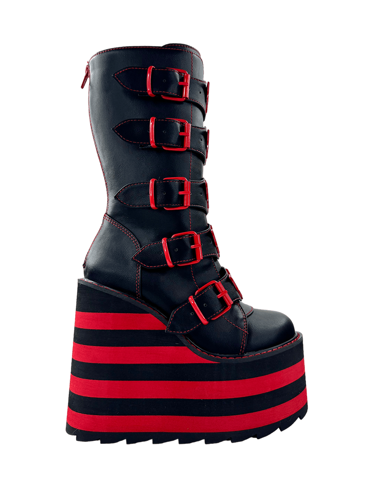 YRU x Vampire Freaks Goth Emo Punk Rave Red Stomper Dune Bat Platform Boots - Black/Red