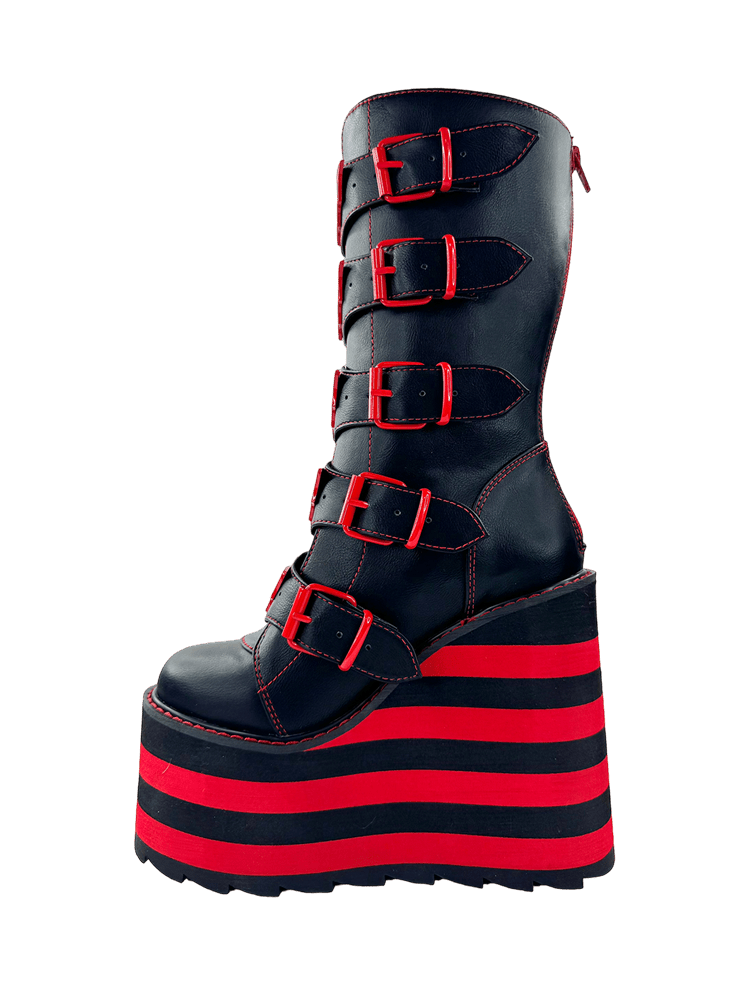 YRU x Vampire Freaks Goth Emo Punk Rave Red Stomper Dune Bat Platform Boots - Black/Red